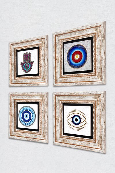 Pinecone Nazar, Fatma Ana Eli (Hamsa) Stone Wall Table Framed Wall Decor 4 Piece Table Set TK4-1464