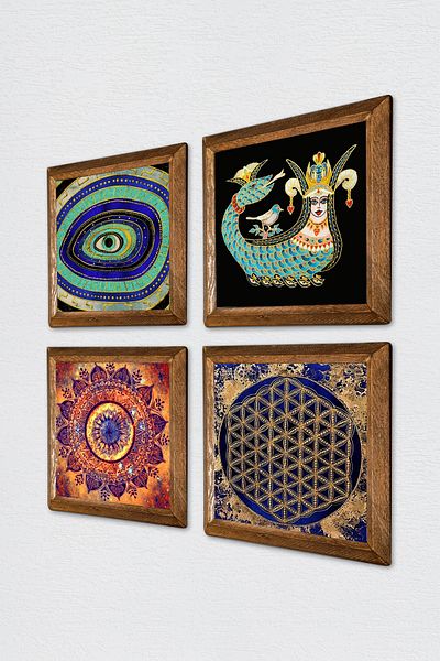 Pinecone Mandala, Evil Eye, Flower of Life, Shahmeran Stone Wall Painting with Wooden Frame Wall Decor Painting W4-779