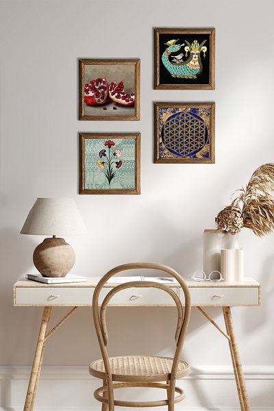 Pinecone Marbling Art, Flower of Life, Shahmeran, Pomegranate Stone Wall Painting with Wooden Frame Wall Decor Painting W4-773