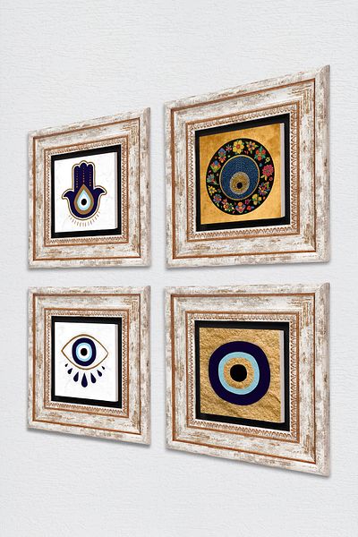 Pinecone Fatma Mother Hand (Hamsa), Nazar Stone Wall Painting Framed Wall Decor 4 Piece Painting Set Tk4-1848