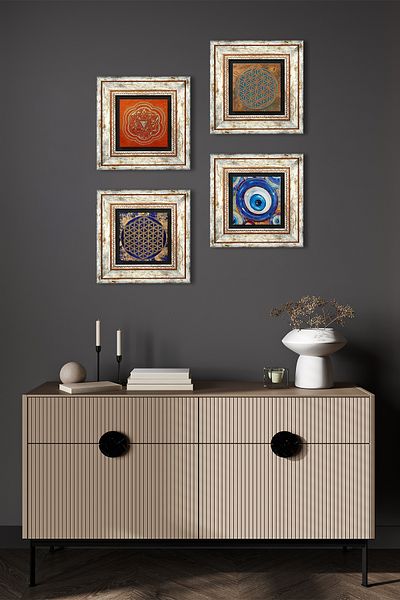 Pinecone Evil Eye, Flower of Life, Sri Yantra Stone Wall Painting Framed Wall Decor 4 Piece Painting Set Tk4-1592