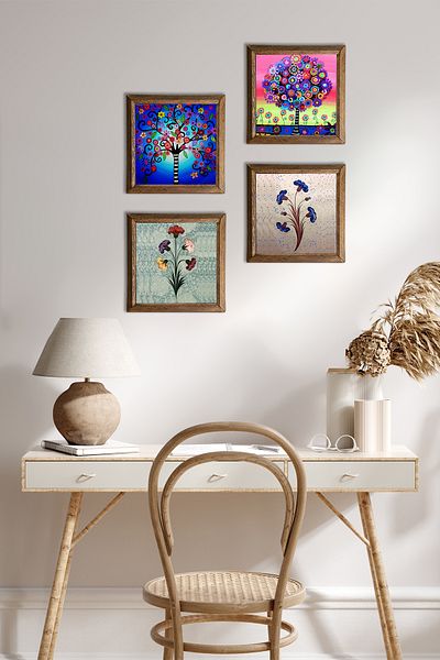 Pinecone Marbling Art, Tree of Life Stone Wall Painting with Wooden Frame Wall Decor 4 Piece Painting Set Wall Art