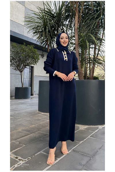 MAXXANA Oversize Buttoned V-Neck Ribbed Knitwear Hijab Dress