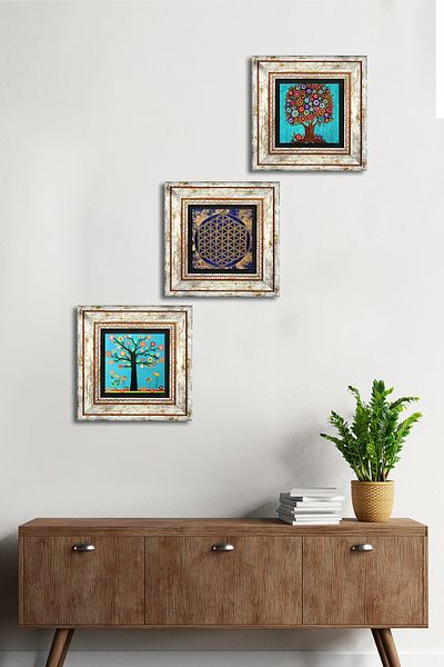 Pinecone Flower of Life, Karla Gerard Tree of Life Stone Wall Painting Framed Wall Decor 3 Piece Set Tk3-338