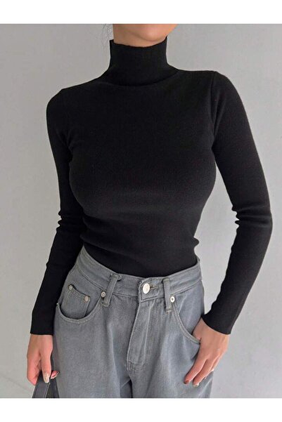 Buteks Unisex Σκούρο Μαύρο Premium βαμβακερό ζιβάγκο καμιζόλα Raster Slimfit πουλόβερ με λαιμόκοψη