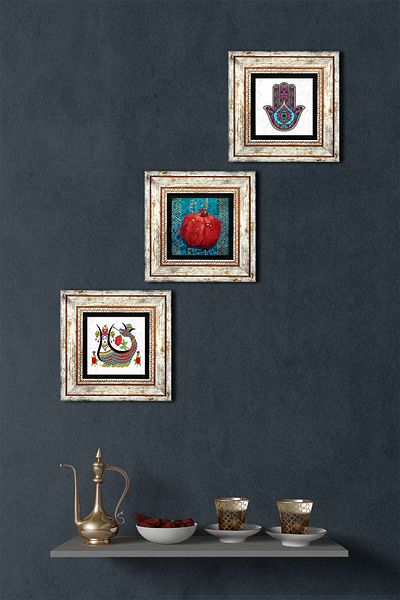 Pinecone Fatma Ana Hand (Hamsa), Şahmeran, Pictură pe perete cu piatră de rodie Decor de perete înrămat Set 3 piese TK3-182