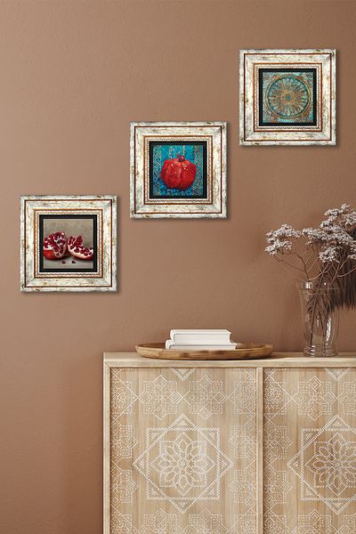 Pinecone Flower of Life, Pomegranate Stone Wall Painting Framed Wall Decor 3 Piece Painting Set Wall Art Tk3-824