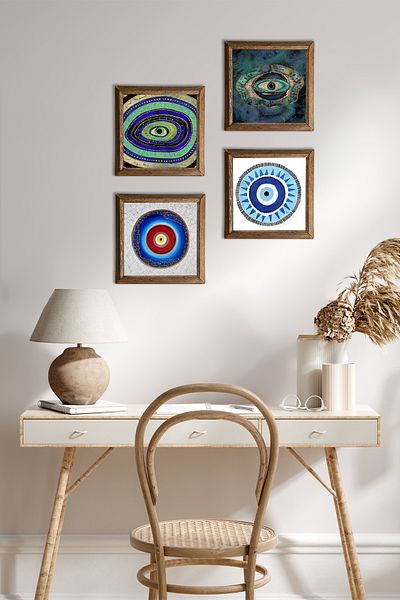 Pinecone Evil Eye Stone Wall Painting Wooden Framed Wall Decor 4 Piece Painting Set Wall Art