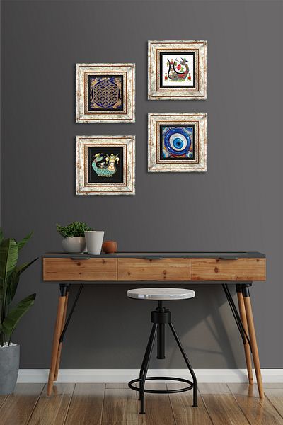 Pinecone Evil Eye, Flower of Life, Shahmeran Stone Wall Painting Framed Wall Decor 4 Piece Painting Set Tk4-1523