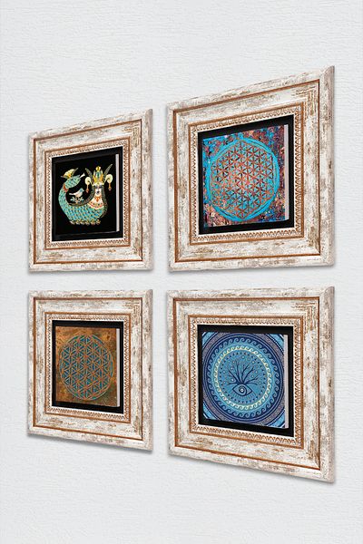 Pinecone Evil Eye, Flower of Life, Shahmeran Stone Wall Painting Framed Wall Decor 4 Piece Painting Set Tk4-480