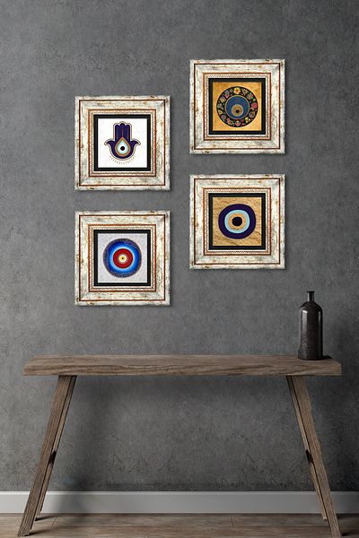 Pinecone Fatma Mother Hand (Hamsa), Nazar Stone Wall Painting Framed Wall Decor 4 Piece Painting Set Tk4-1845