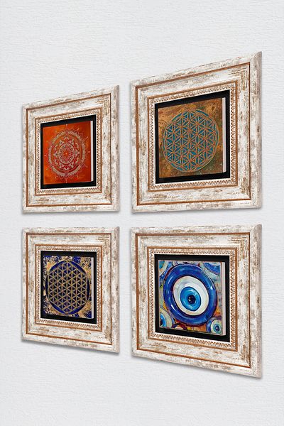 Pinecone Evil Eye, Flower of Life, Mandala Stone Wall Painting Framed Wall Decor 4 Piece Painting Set Tk4-1591