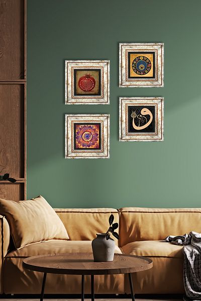 Pinecone Mandala, Vav, Evil Eye, Prayer of Fertility Stone Wall Painting Framed Wall Decor Set of 4 Paintings Tk4-246