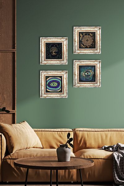 Pinecone Evil Eye, Sri Yantra, Tree of Life Stone Wall Painting Framed Wall Decor 4 Piece Painting Set Tk4-725