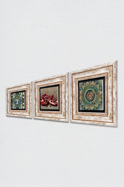 Pinecone Tree of Life, Mandala, Pomegranate Stone Wall Painting Framed Wall Decor 3 Piece Painting Set Tk3-1693