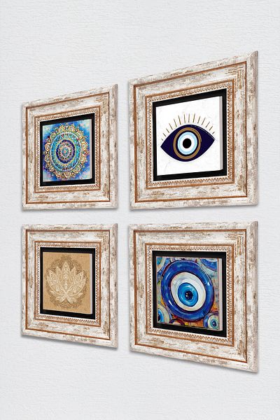 Pinecone Evil Eye, Mandala, Lotus Flower Stone Wall Painting Framed Wall Decor 4 Piece Painting Set Tk4-1623
