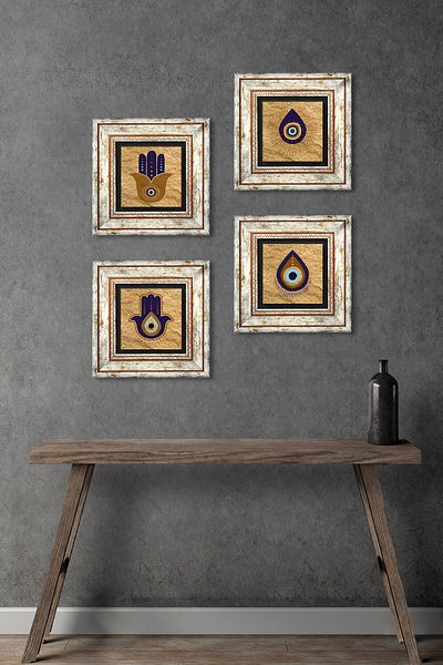 Pinecone Fatma Mother Hand (Hamsa), Nazar Stone Wall Painting Framed Wall Decor 4 Piece Painting Set Tk4-1071