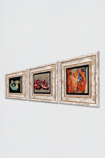Pinecone Picasso Girls of Avignon, Shahmeran, Pomegranate Stone Wall Painting Framed Wall Decor Set of 3