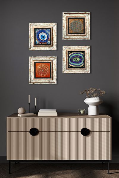 Pinecone Flower of Life, Evil Eye, Sri Yantra Stone Wall Painting Framed Wall Decor 4 Piece Painting Set Tk4-1261