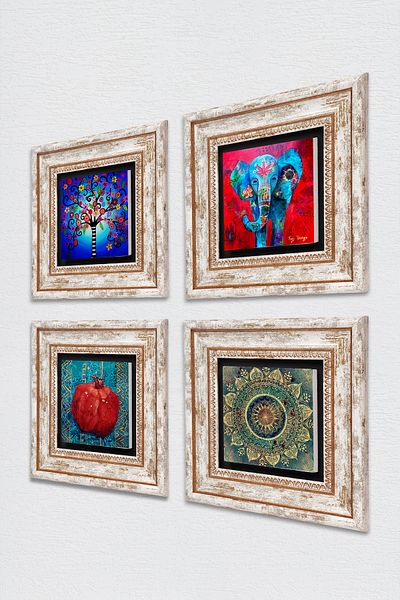 Pinecone Mandala, Elephant, Tree of Life, Pomegranate Stone Wall Painting Framed Wall Decor 4 Piece Painting Set Tk4-869