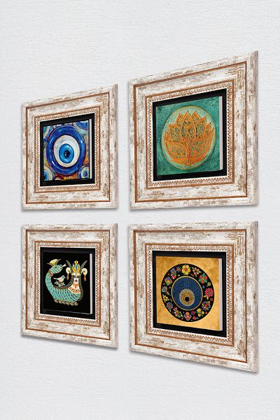 Pinecone Lotus Flower, Evil Eye, Shahmeran Stone Wall Painting Framed Wall Decor 4 Piece Painting Set Tk4-1219