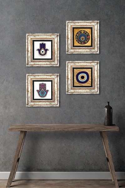 Pinecone Fatma Mother Hand (Hamsa), Nazar Stone Wall Painting Framed Wall Decor 4 Piece Painting Set Tk4-1816