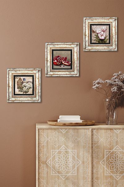 Pinecone Flower with Butterfly, Pomegranate Stone Wall Painting Framed Wall Decor 3 Piece Painting Set Wall Art Tk3-1081