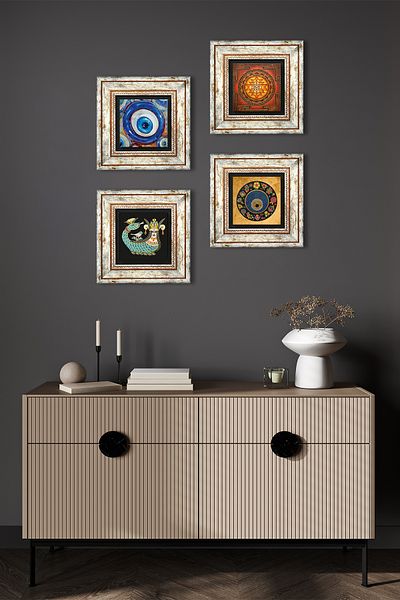 Pinecone Sri Yantra, Evil Eye, Shahmeran Stone Wall Painting Framed Wall Decor 4 Piece Painting Set Tk4-1214
