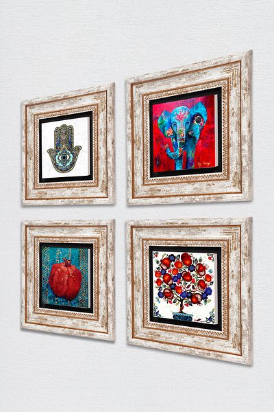 Pinecone Elephant, Pomegranate Tree, Pomegranate, Fatma Mother Hand (Hamsa) Stone Wall Painting Framed Wall Decor Set of 4 Wall Art