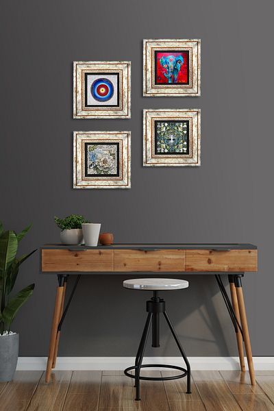 Pinecone Evil Eye, Tree of Life, Elephant, Butterfly Flower Stone Wall Painting Framed Wall Decor Set of 4 Tk4-907