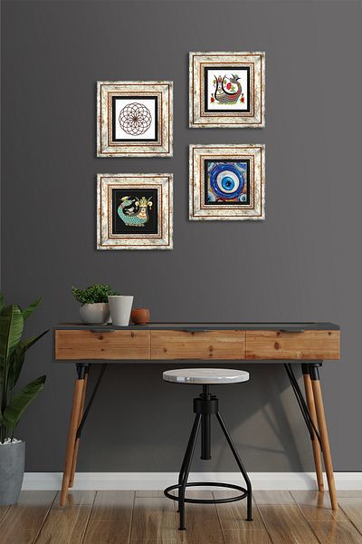 Pinecone Evil Eye, Flower of Life, Shahmeran Stone Wall Painting Πλαίσιο Διακόσμηση τοίχου 4 τεμαχίων Σετ ζωγραφικής TK4-1526