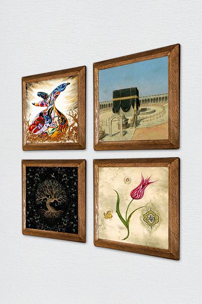 Pinecone Tree of Life, Tulip, Kaaba-I Muazzama, Whirling Dervish Stone Wall Painting Wooden Framed Wall Decoration 4-Piece Painting