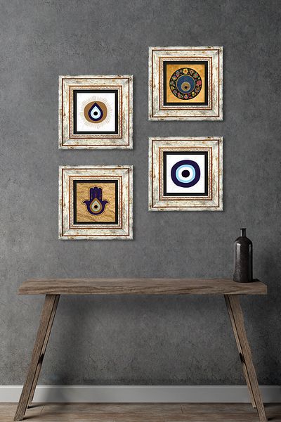 Pinecone Fatma Mother Hand (Hamsa), Nazar Stone Wall Painting Framed Wall Decor 4 Piece Painting Set Tk4-1857