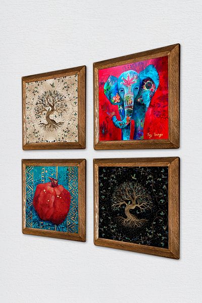 Pinecone Elephant, Tree of Life, Pomegranate Stone Wall Painting Wood Framed Wall Decor 4 Piece Painting Set W4-851