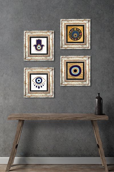 Pinecone Fatma Mother Hand (Hamsa), Nazar Stone Wall Painting Framed Wall Decor 4 Piece Painting Set Tk4-1848