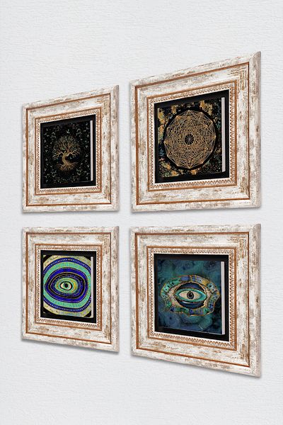 Pinecone Evil Eye, Sri Yantra, Tree of Life Stone Wall Painting Framed Wall Decor 4 Piece Painting Set Tk4-725