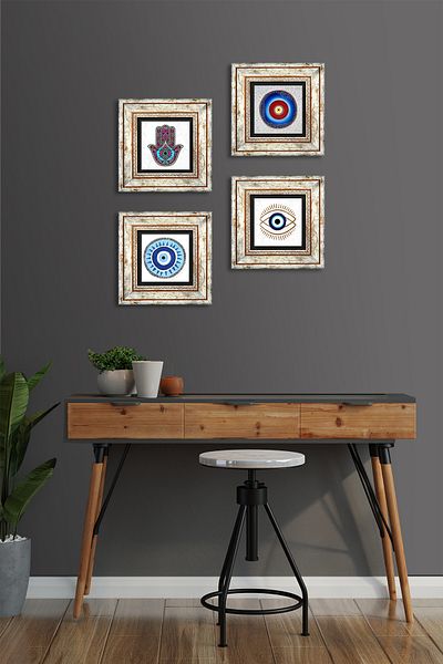 Pinecone Nazar, Fatma Ana Eli (Hamsa) Stone Wall Table Framed Wall Decor 4 Piece Table Set TK4-1464