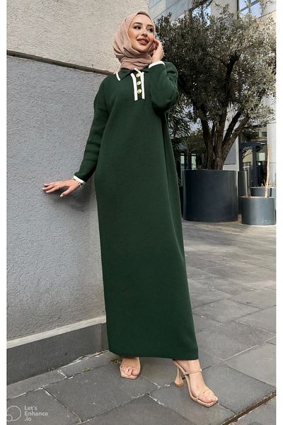 MAXXANA Oversize Buttoned V-Neck Ribbed Knitwear Hijab Dress