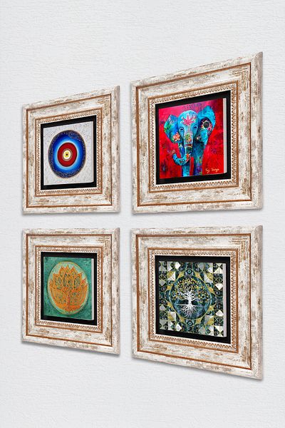 Pinecone Evil Eye, Tree of Life, Elephant, Lotus Flower Stone Wall Painting Framed Wall Decor 4 Piece Set TK4-893