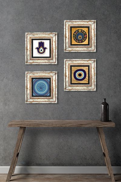 Pinecone Fatma Mother Hand (Hamsa), Evil Eye Stone Wall Painting Framed Wall Decor 4 Piece Painting Set Tk4-1834