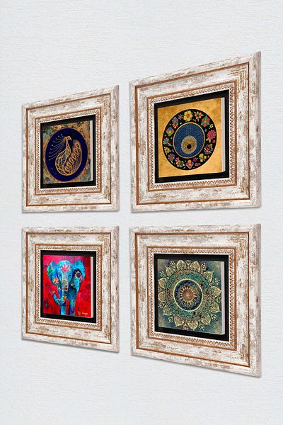 Pinecone Mandala, Elephant, Peacock, Evil Eye Stone Wall Painting Framed Wall Decor 4 Piece Painting Set TK4-340