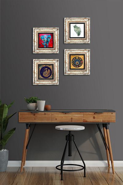 Pinecone Elephant, Leaf, Peacock, Evil Eye Stone Wall Painting Framed Wall Decor 4 Piece Painting Set Tk4-324