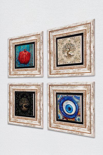 Pinecone Evil Eye, Tree of Life, Pomegranate Stone Wall Painting Framed Wall Decor 4 Piece Painting Set Tk4-1548