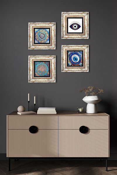 Pinecone Evil Eye, Mandala, Flower of Life Stone Wall Painting Framed Wall Decor 4 Piece Painting Set Tk4-1631