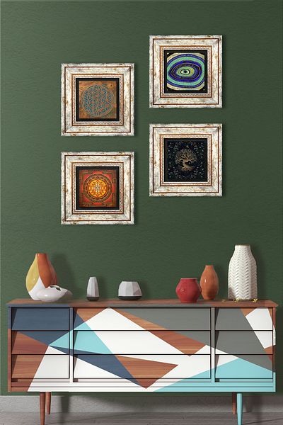 Pinecone Σετ ζωγραφικής τοίχου με κορνίζα Flower of Life, Sri Yantra, Tree of Life, Evil Eye Stone Wall Painting