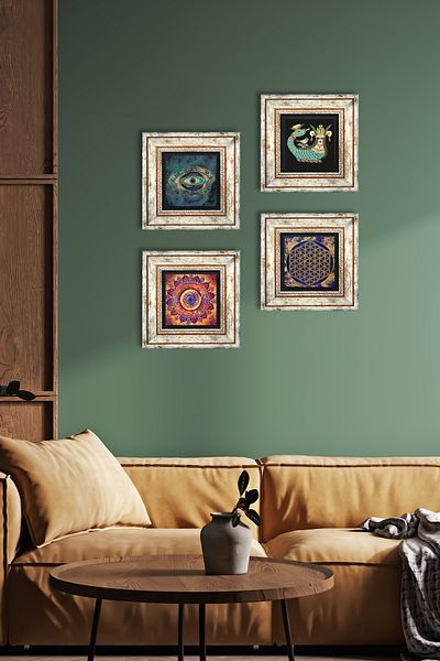 Pinecone Mandala, Evil Eye, Flower of Life, Shahmeran Stone Wall Painting Framed Wall Decor 4 Piece Set TK4-786