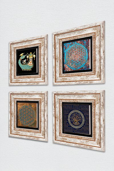 Pinecone Evil Eye, Flower of Life, Shahmeran Stone Wall Painting Πλαίσιο Διακόσμηση τοίχου 4 τεμαχίων Σετ ζωγραφικής TK4-479