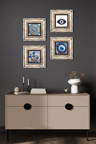 Pinecone Evil Eye, Mandala, Tile Art Sailing Ship Stone Wall Painting Framed Wall Decor Set of 4 Wall Art