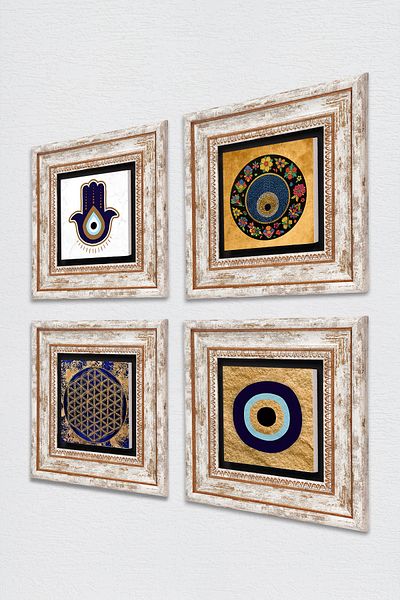 Pinecone Fatma Ana Hand (Hamsa), Floarea Vieții, Pictură pe perete cu piatră de ochi rău Set de 4 decorațiuni de perete înrămate TK4-1822
