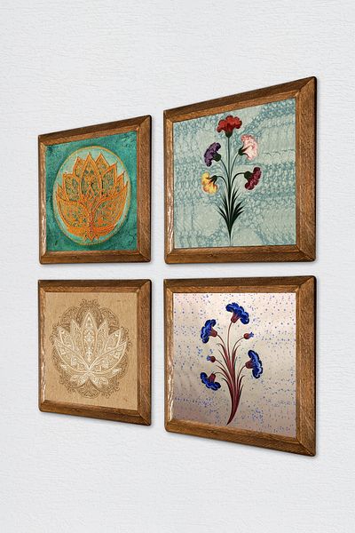 Pinecone Marbling Art, Lotus Flower Stone Wall Painting with Wooden Frame Wall Decor 4 Piece Painting Set